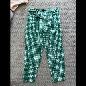 Green High Waist Linen Blend Gingham Tie-waist Crop Pants